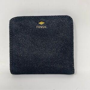 Fossil Madison Bifold Wallet Black Shimmer Nubuck Suede RFID Zippered Coin Pouch